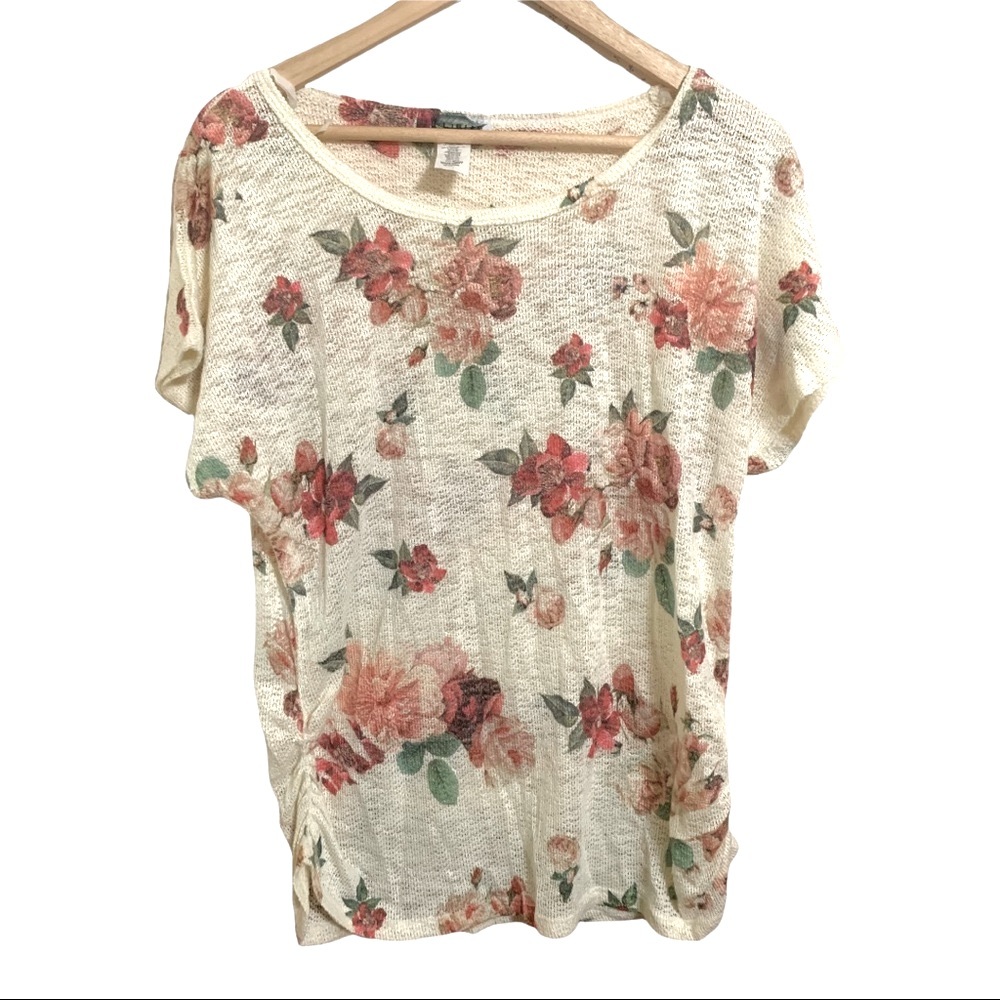 Mesh Open Weave Rose Print Roush sides Top XXL
